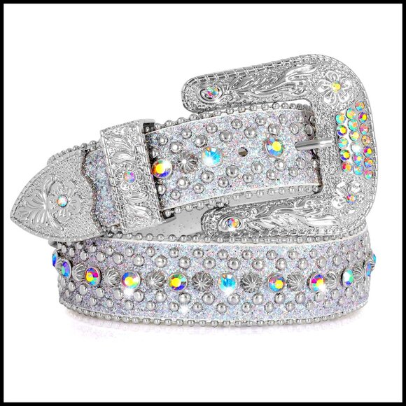 Rhinestone Studded Western Belt Luxury Faux Leather Unisex Cowboy Cowgirl